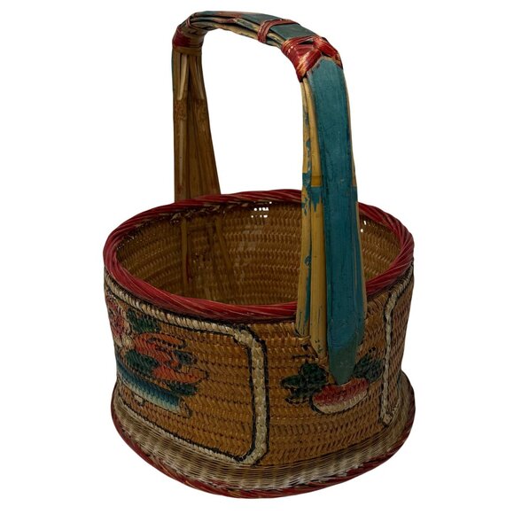 Vtg Asian Woven Rattan Wedding Basket Hand Painted Fish Koi Goldfish Floral 14" - Picture 5 of 8